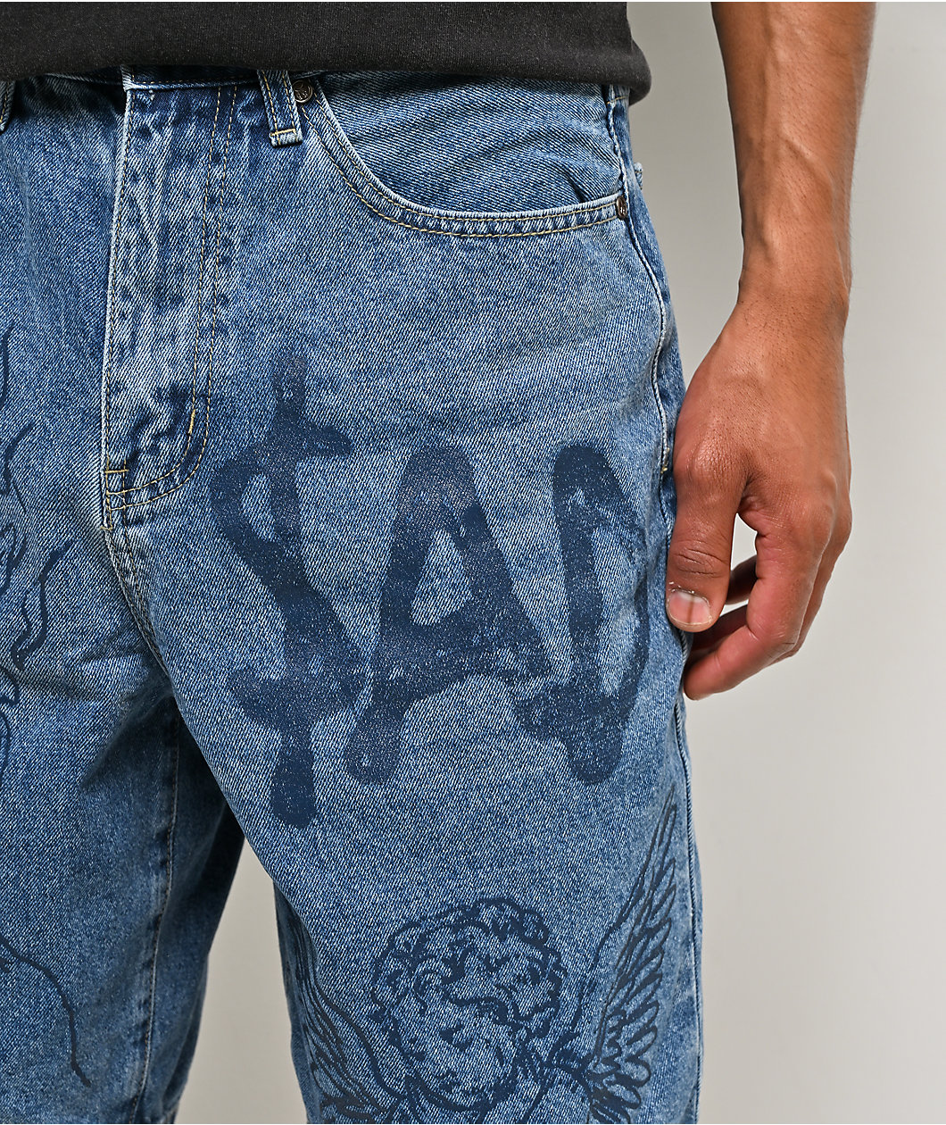 $AD BOYZ by Junior H Printed Grail Blue Wash Denim Shorts