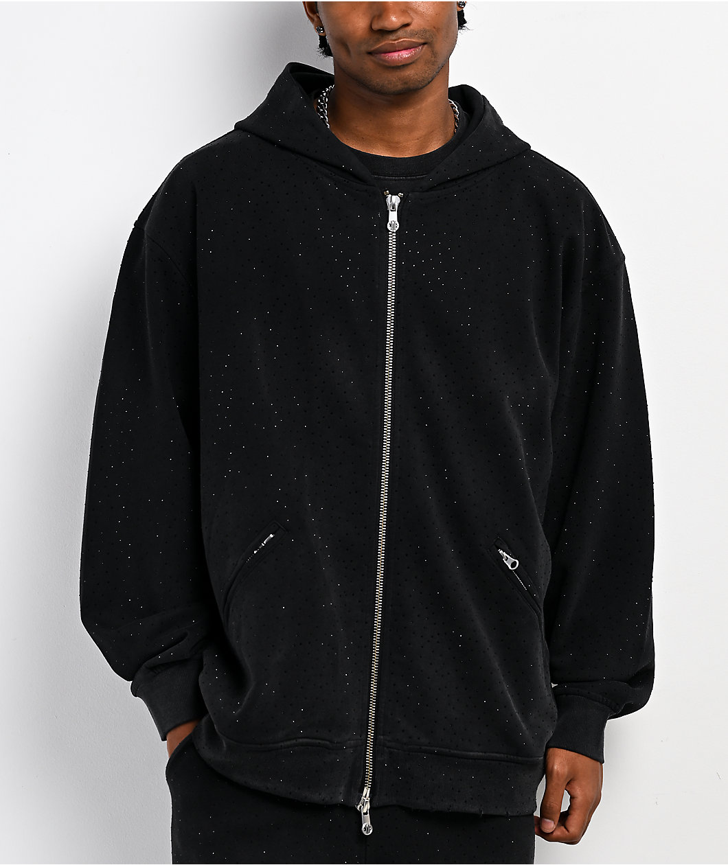 $AD BOYZ by Junior H x Embellish Buss Down Black Wash Zip Hoodie