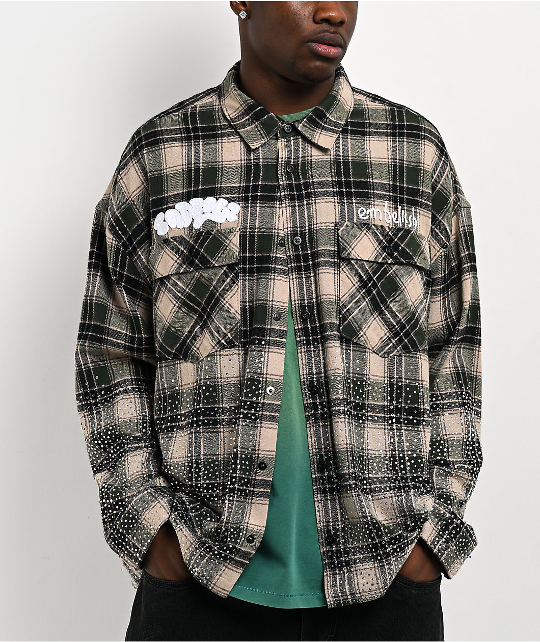 $AD BOYZ by Junior H x Embellish Crystal Green & Brown Flannel Shirt