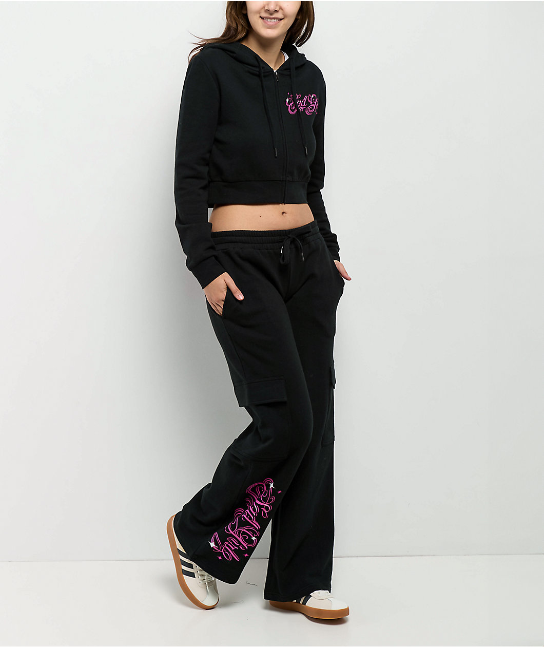 $AD GIRLZ By Junior H Don't Cry Black Crop Zip Hoodie