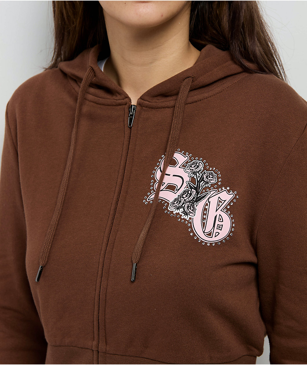 $AD GIRLZ By Junior H Flowers Brown Crop Zip Hoodie