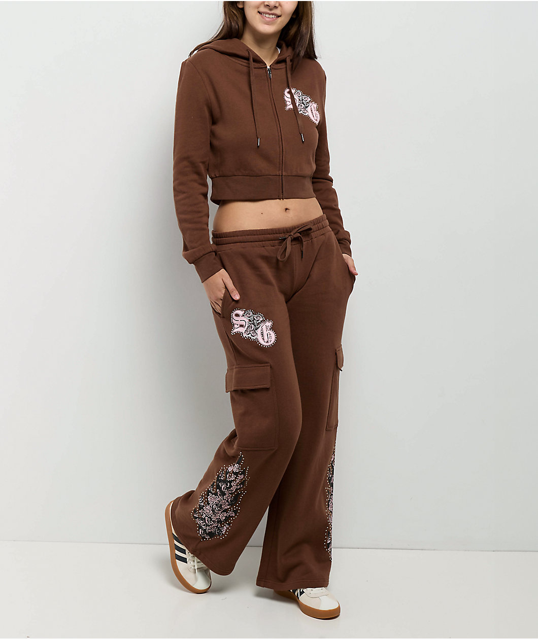 $AD GIRLZ By Junior H Flowers Brown Crop Zip Hoodie