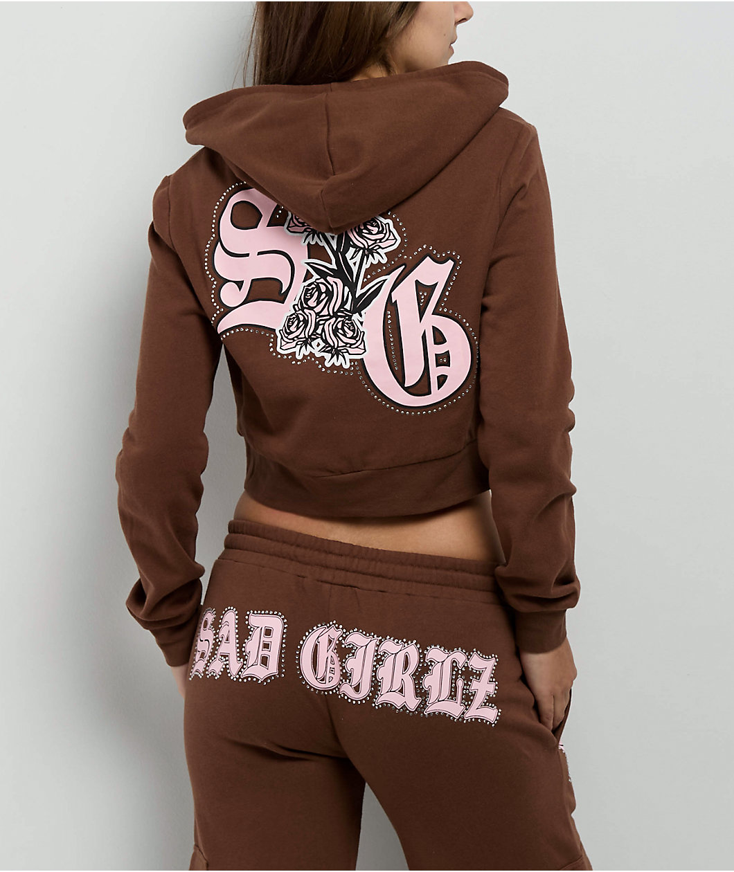 $AD GIRLZ By Junior H Flowers Brown Crop Zip Hoodie