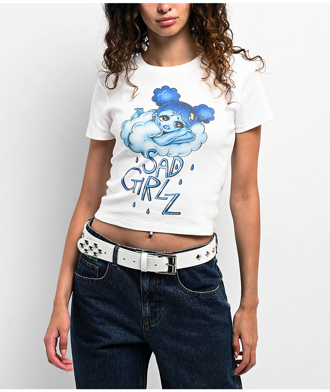 $AD GIRLZ By Junior H Pondering Clouds White Crop T-Shirt