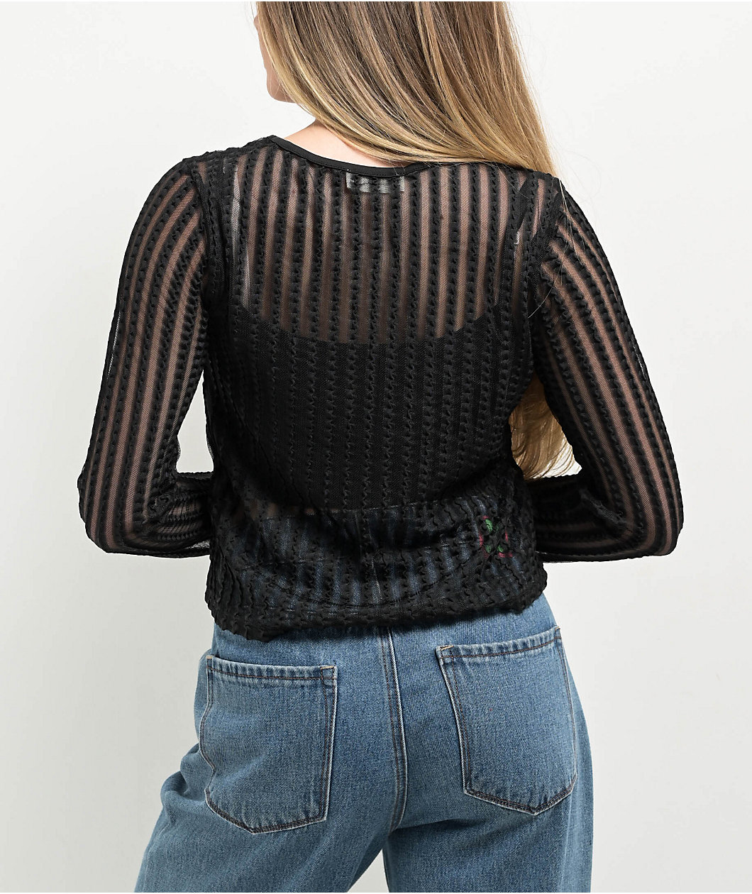 24COLOURS Sheer Striped Black Long Sleeve Top