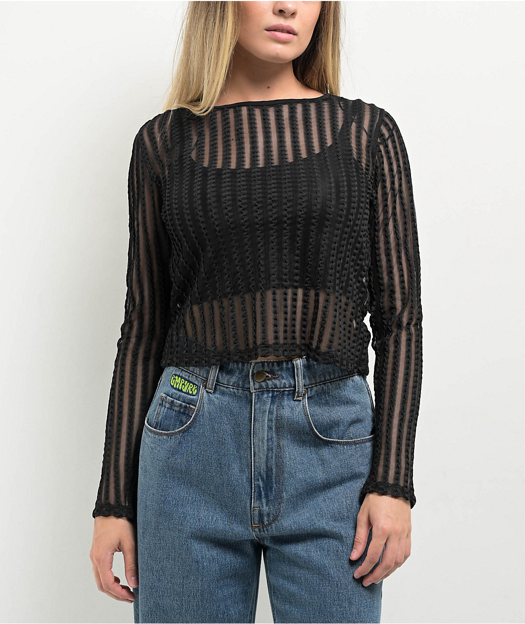 24COLOURS Sheer Striped Black Long Sleeve Top