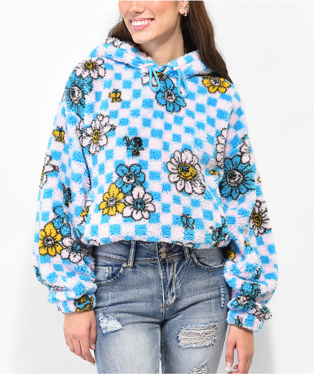 A-Lab Kendallie Flower Checkered Pink & Blue Hoodie