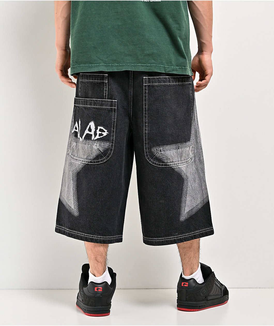 A.LAB Airbrush Star Dark Blue Wash Mega Wide Denim Shorts