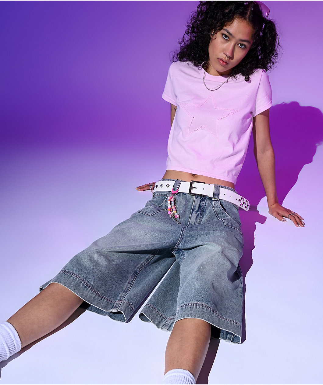 A.LAB Analog Star Cable Blue Wash Oversized Denim Shorts