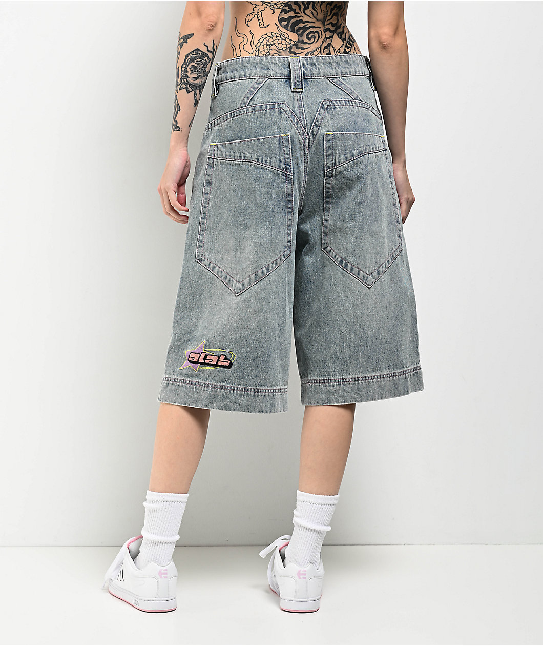 A.LAB Analog Star Cable Blue Wash Oversized Denim Shorts