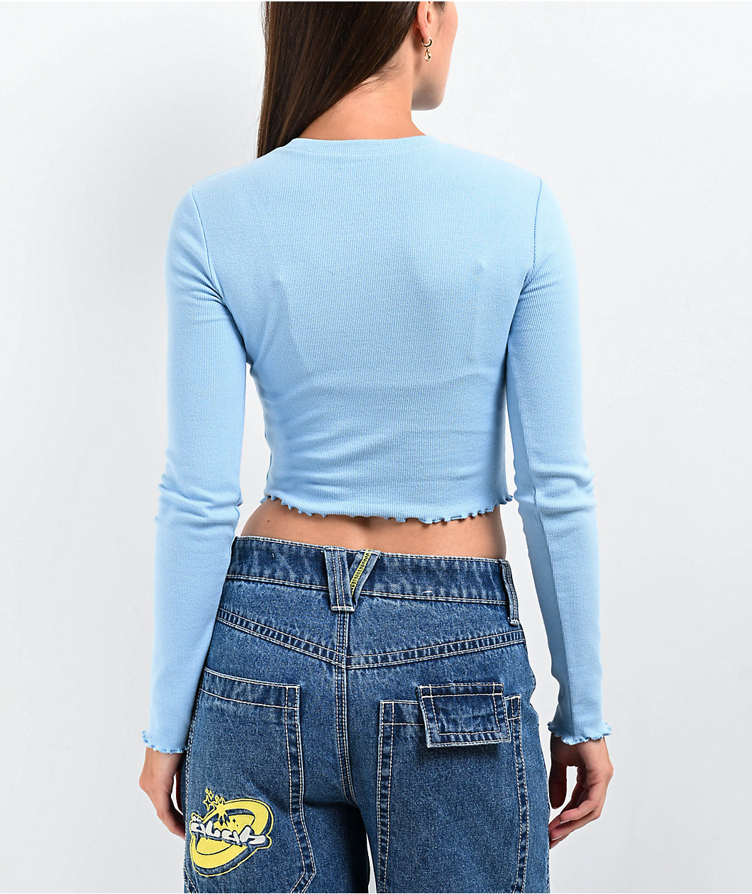 A.LAB Audrina Flower Light Blue Long Sleeve Crop T-Shirt