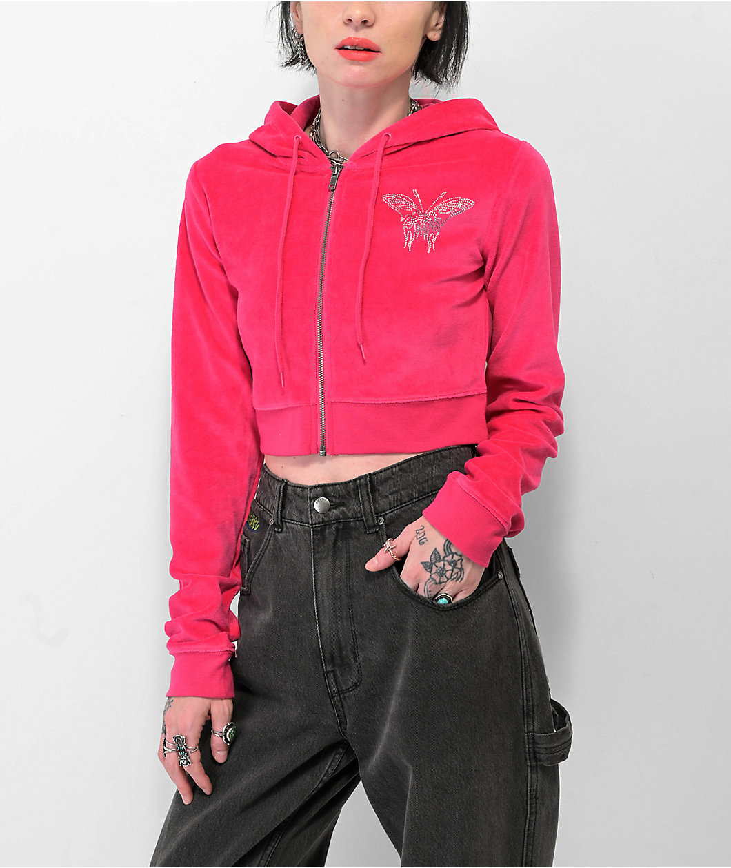 A.LAB Britney Velour Rhinestone Pink Crop Zip Hoodie