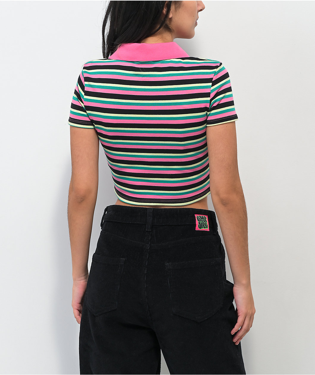 A.LAB Cordina Pink & Green Stripe Zip Crop Polo Shirt