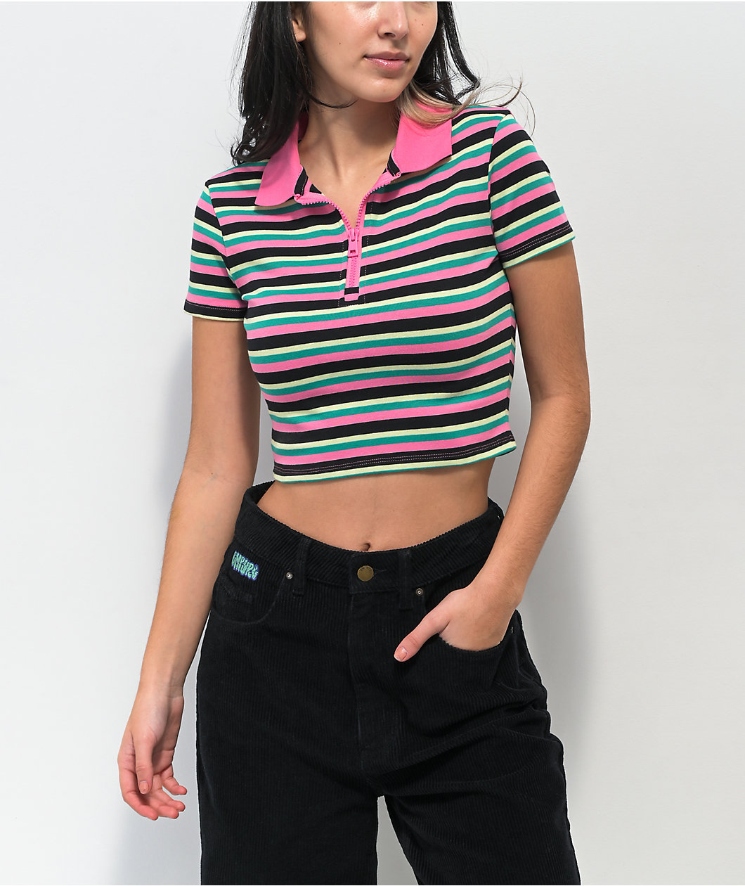 A.LAB Cordina Pink Green Stripe Zip Crop Polo Shirt MainPlace Mall