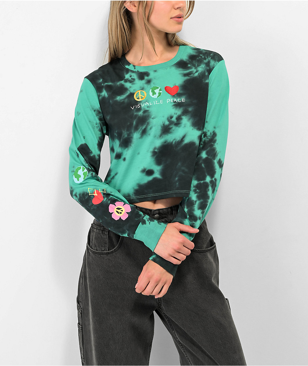 A.LAB Dita Visualize Peace Black & Blue Long Sleeve Tie-Dye Crop T-Shirt