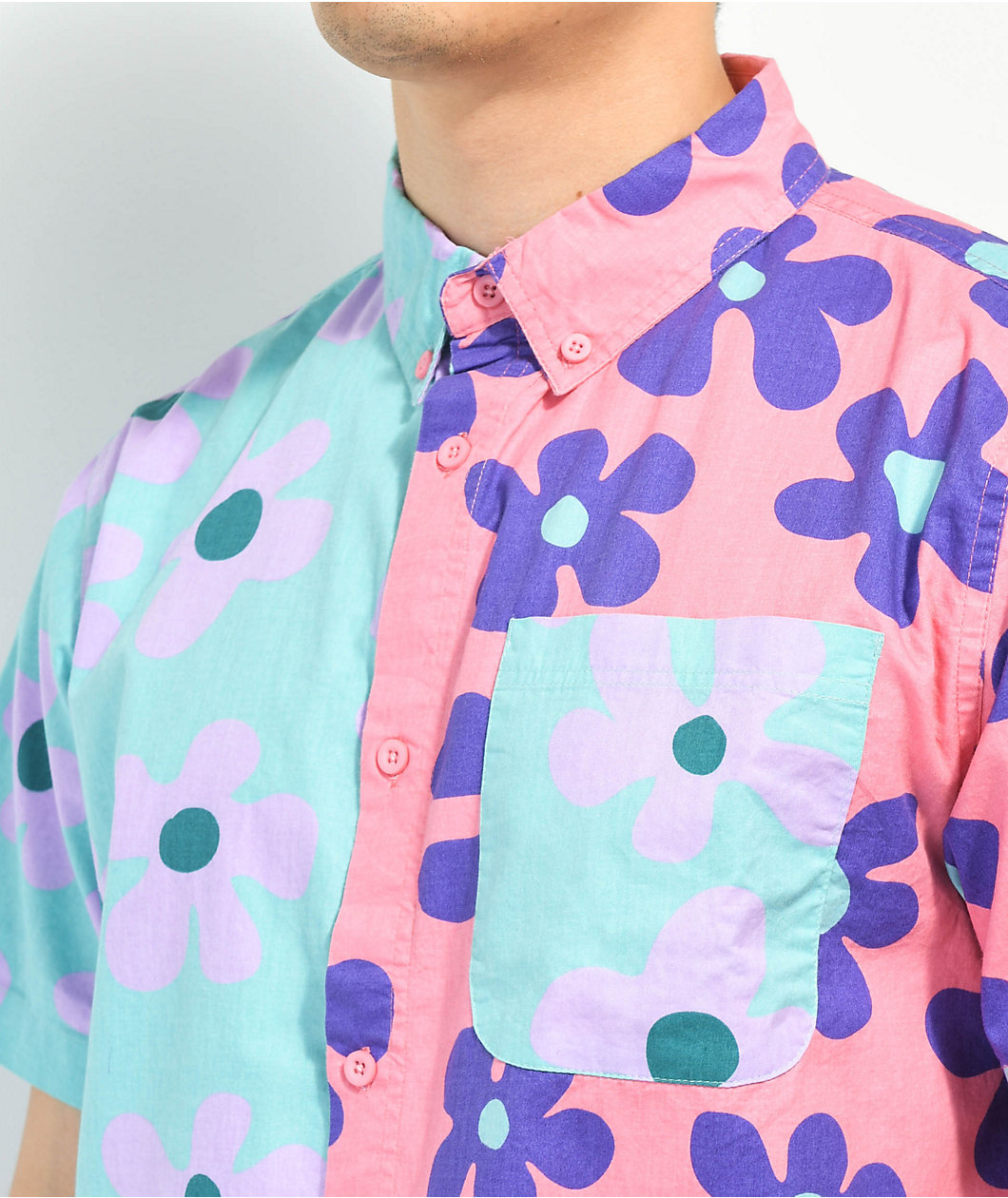 A.LAB Double Daisy Pink & Blue Short Sleeve Button Up