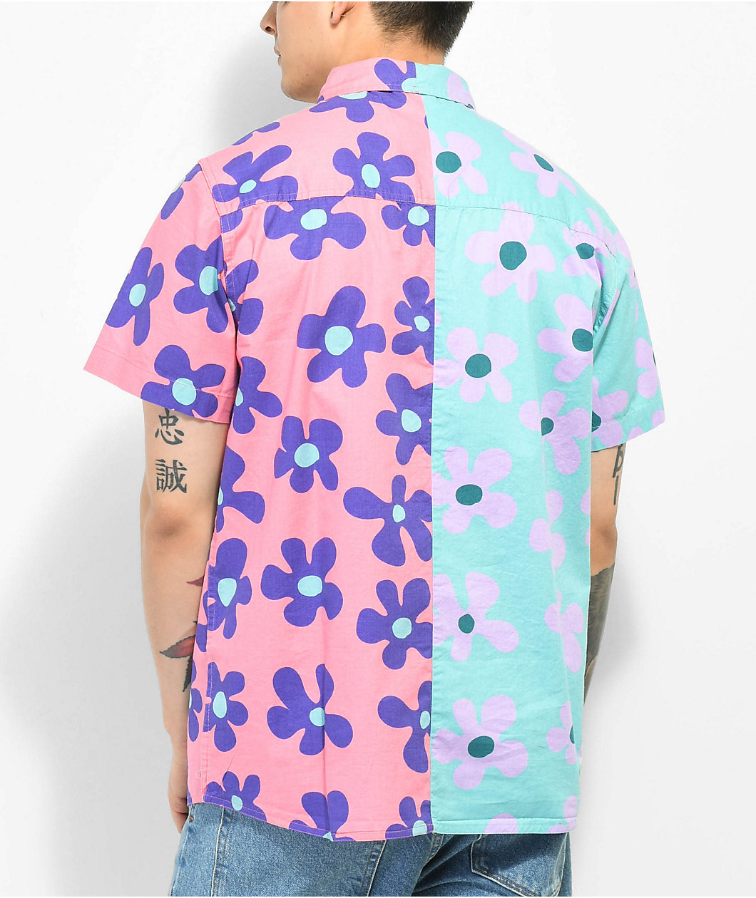 A.LAB Double Daisy Pink & Blue Short Sleeve Button Up