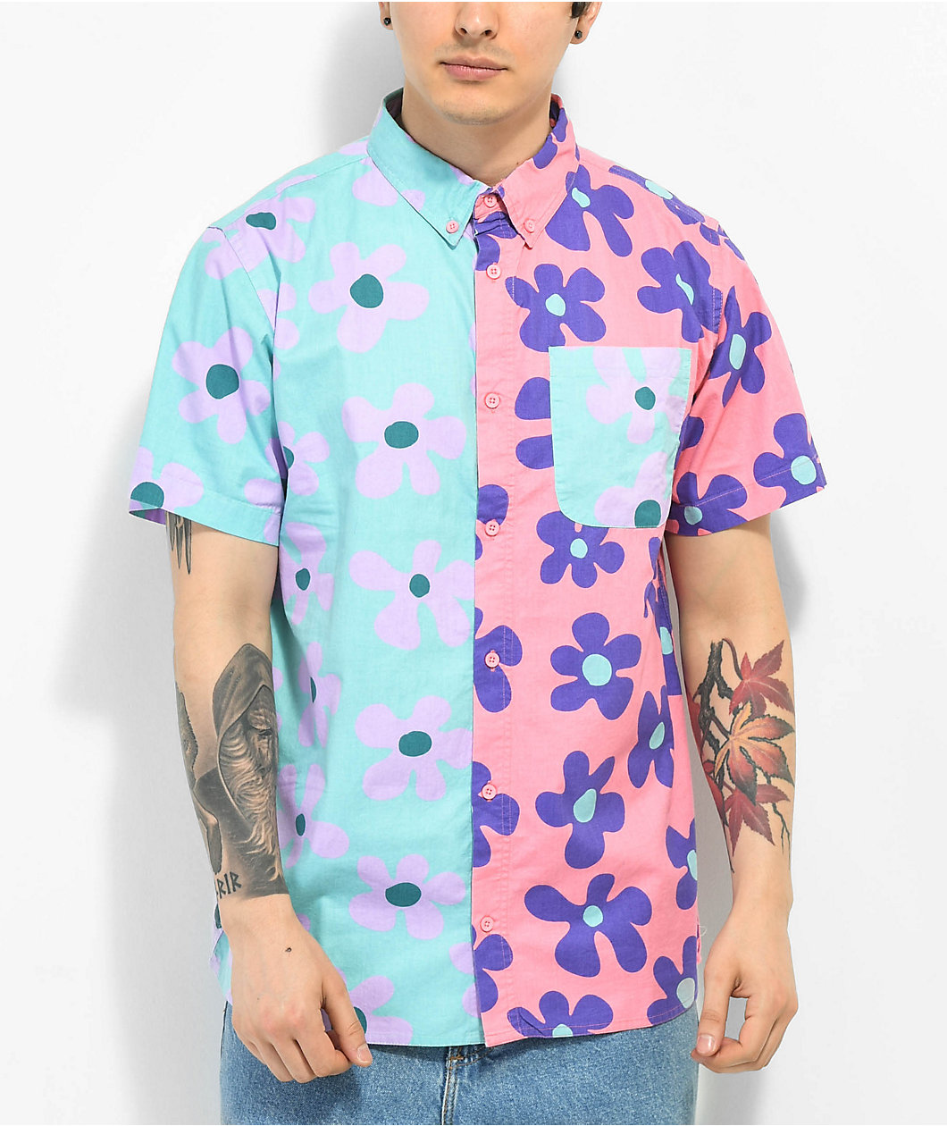 A.LAB Double Daisy Pink & Blue Short Sleeve Button Up
