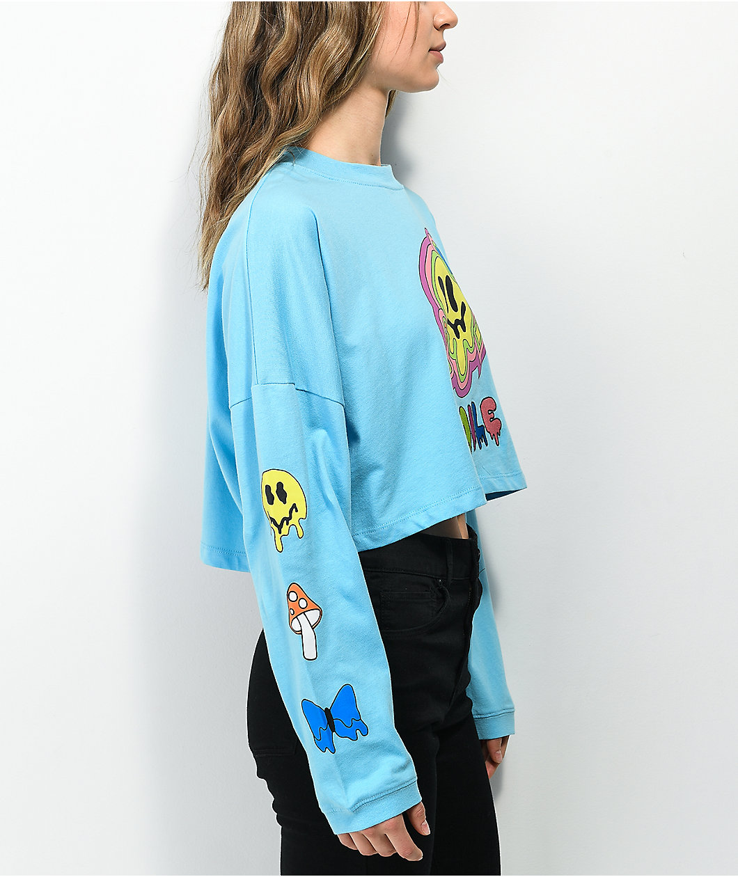 A.LAB Gayle Smile Drippy Blue Long Sleeve Crop T-Shirt