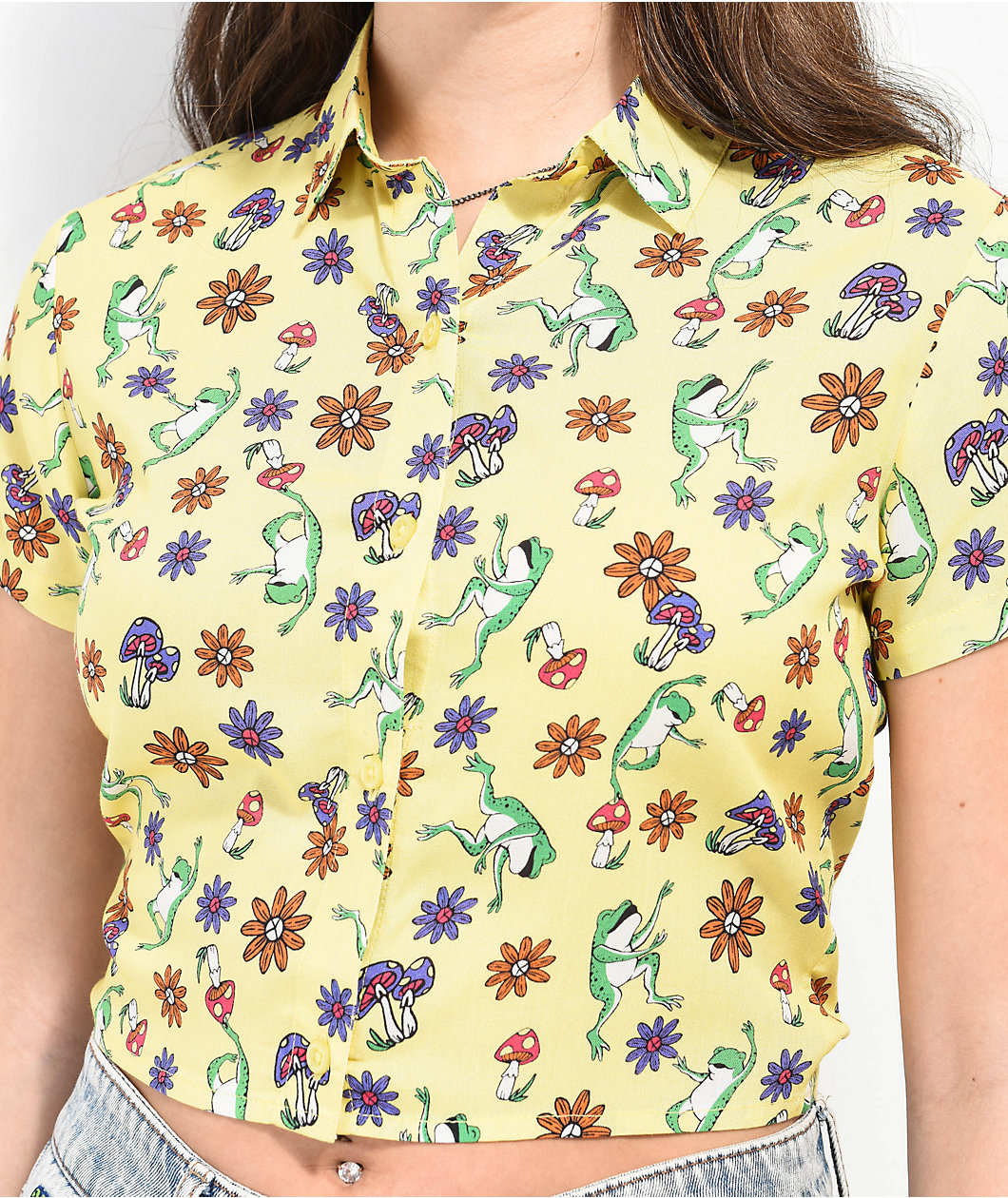 A.LAB Goldie Frog Print Yellow Crop Shirt