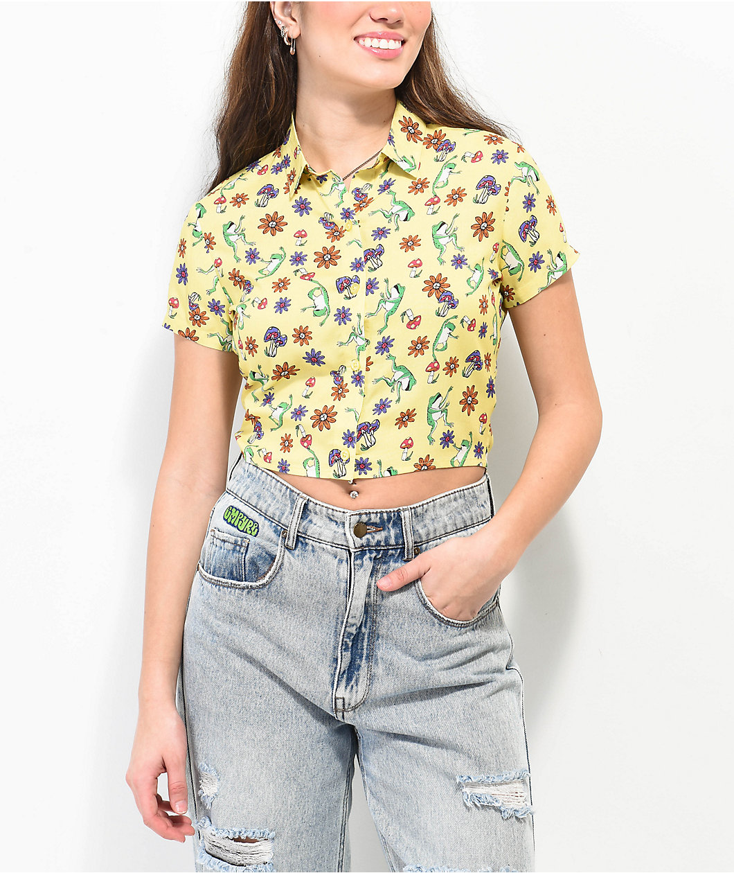 A.LAB Goldie Frog Print Yellow Crop Shirt