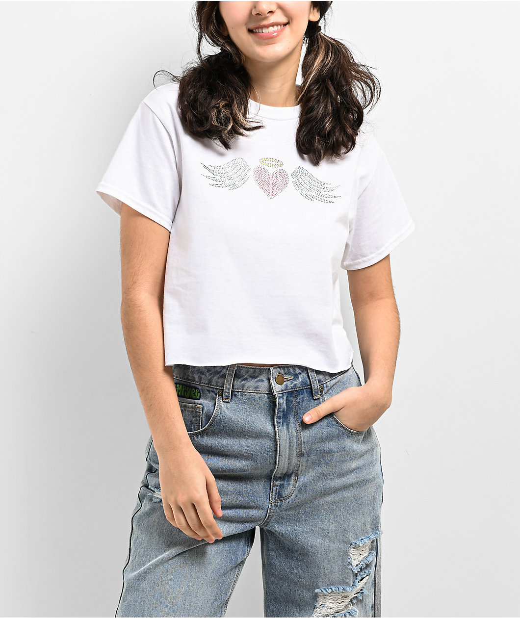 A.LAB Heart Rhinestone White Crop T-Shirt