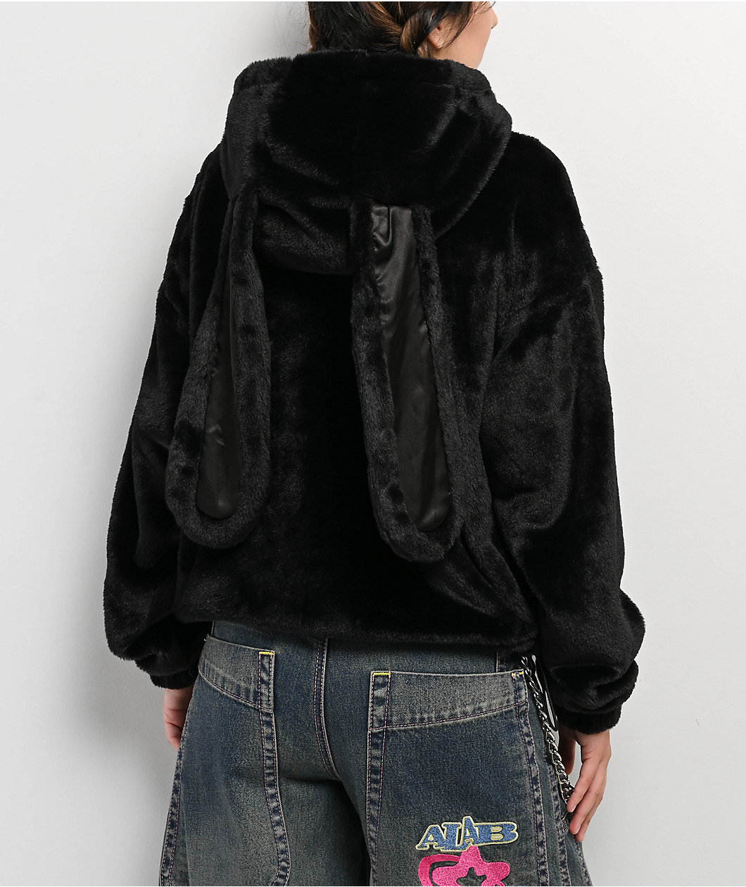 A.LAB Kendallie Bunny Faux Fur Black Hoodie