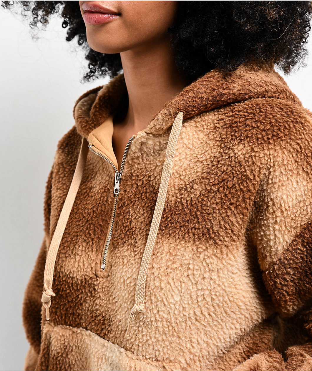 A.LAB Kendra Teddy Brown Tie Dye Sherpa Quarter Zip Hoodie