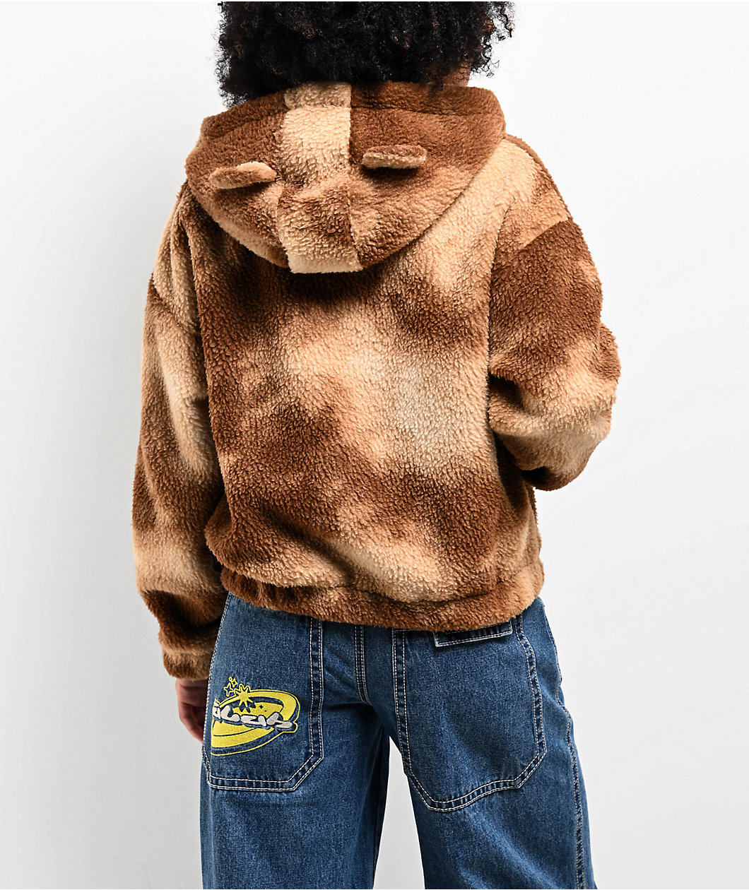 A.LAB Kendra Teddy Brown Tie Dye Sherpa Quarter Zip Hoodie