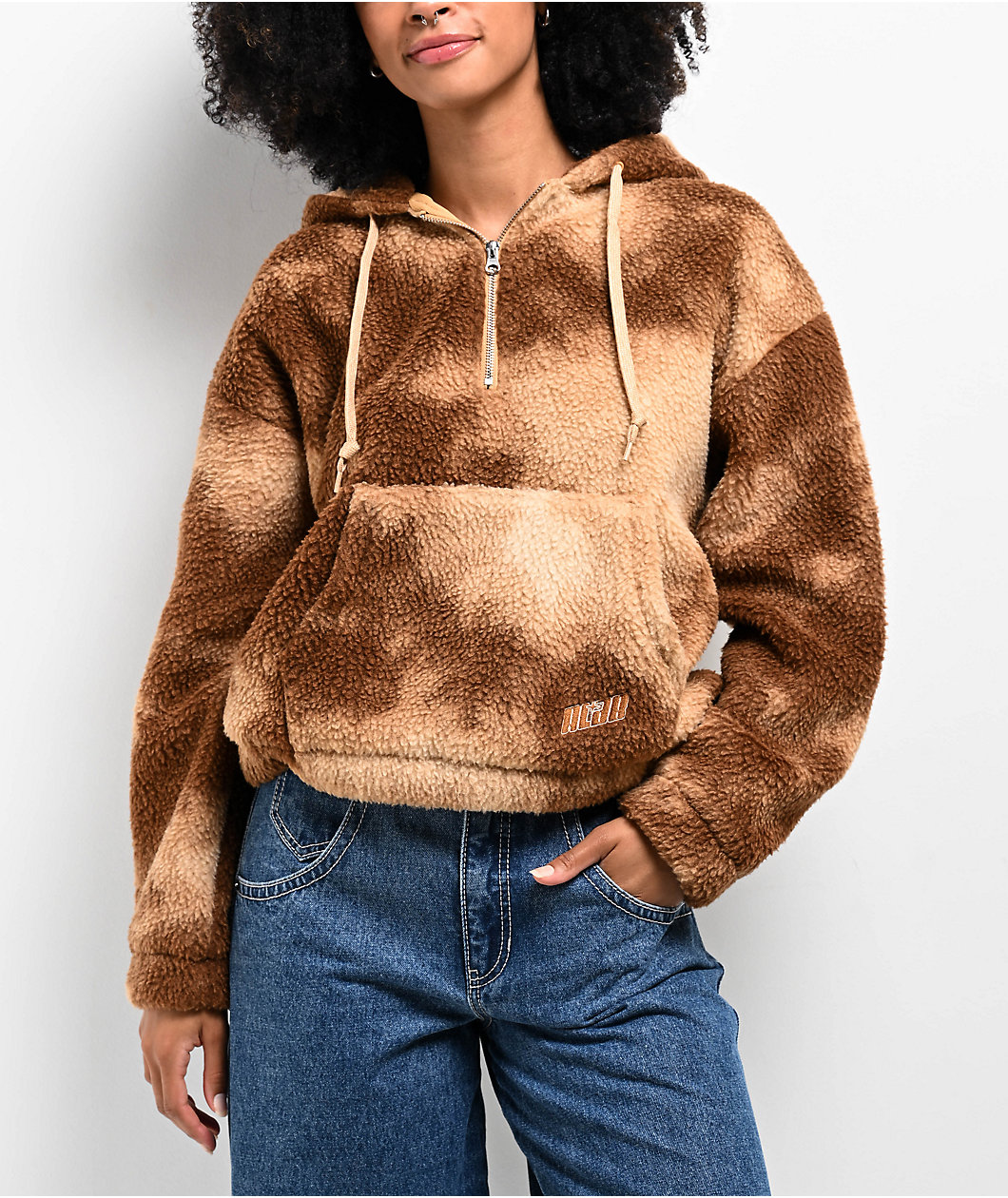 A.LAB Kendra Teddy Brown Tie Dye Sherpa Quarter Zip Hoodie