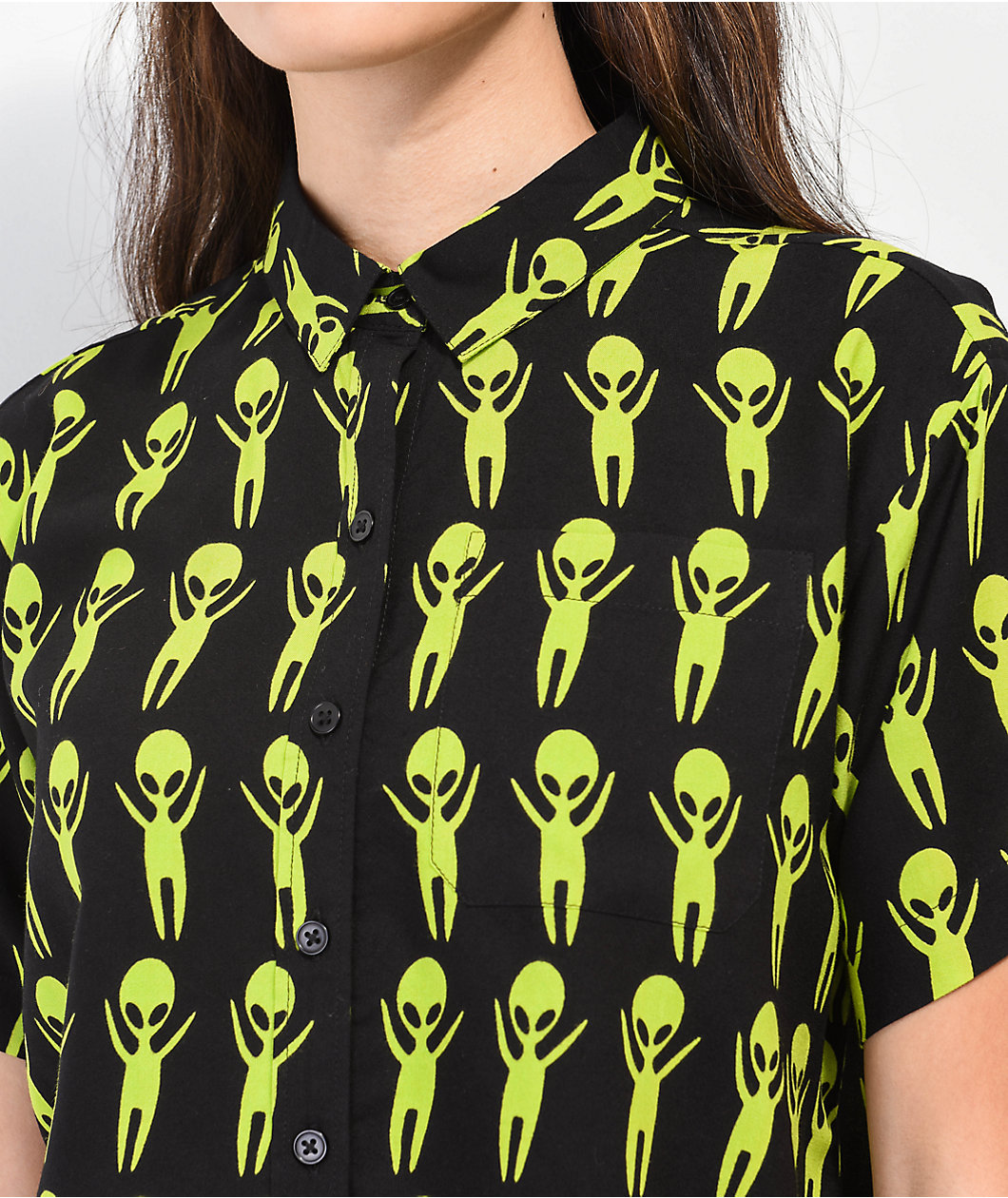 A.LAB Kona Black & Green Crop Short Sleeve Button Up Alien Shirt