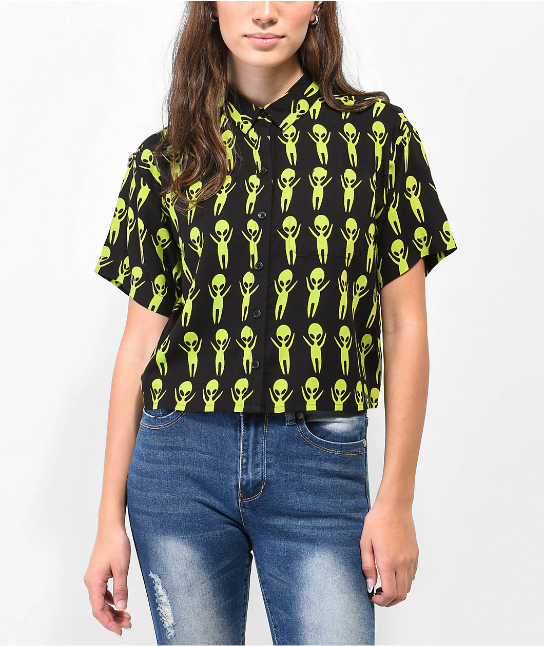 A.LAB Kona Black & Green Crop Short Sleeve Button Up Alien Shirt