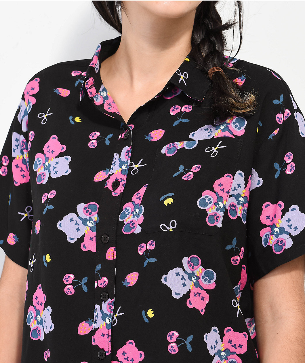 A.LAB Kona Teddy Bear Black Crop Short Sleeve Button Up Shirt