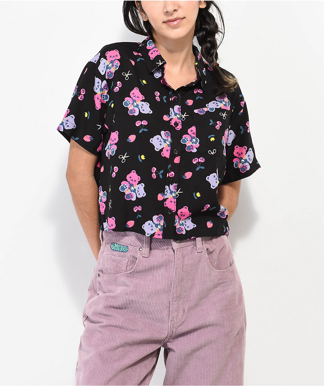 A.LAB Kona Teddy Bear Black Crop Short Sleeve Button Up Shirt