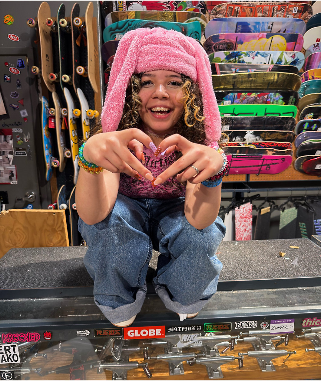 A.LAB Pink Plush Bunny Beanie