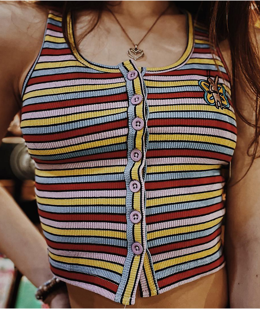 A.LAB Roscoe Red, Green & Purple Stripe Button Up Crop Tank Top