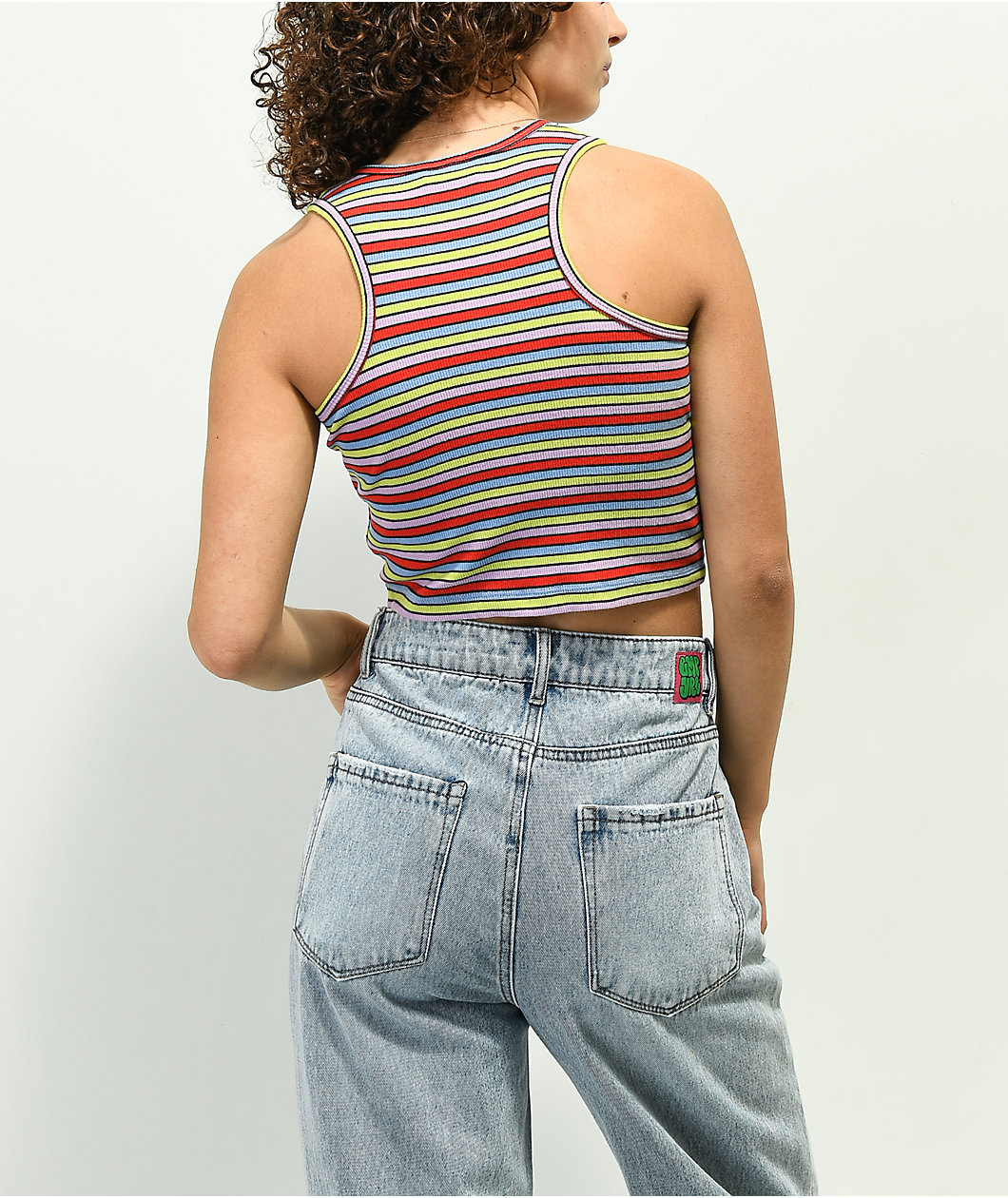 A.LAB Roscoe Red, Green & Purple Stripe Button Up Crop Tank Top