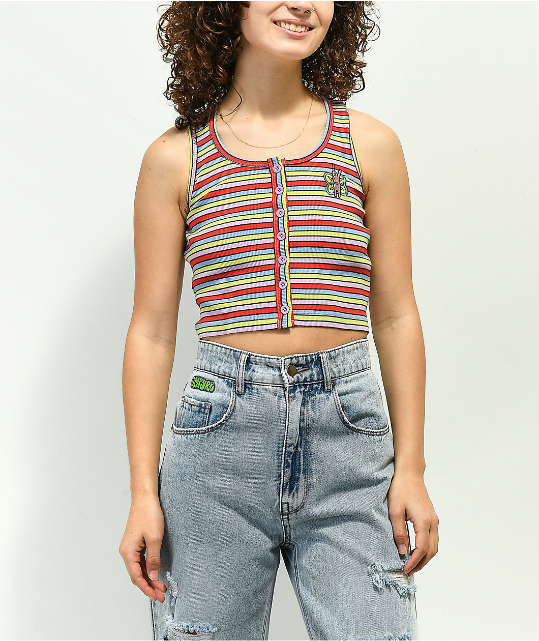 A.LAB Roscoe Red, Green & Purple Stripe Button Up Crop Tank Top