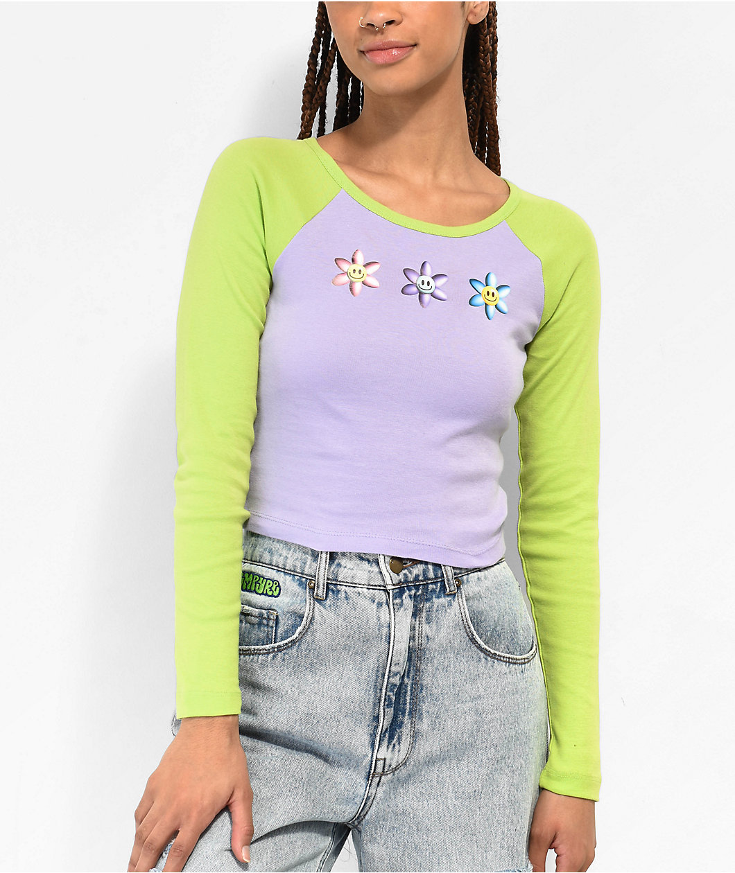 A.LAB Sammie Flower Green & Purple Long Sleeve Raglan Crop T-Shirt