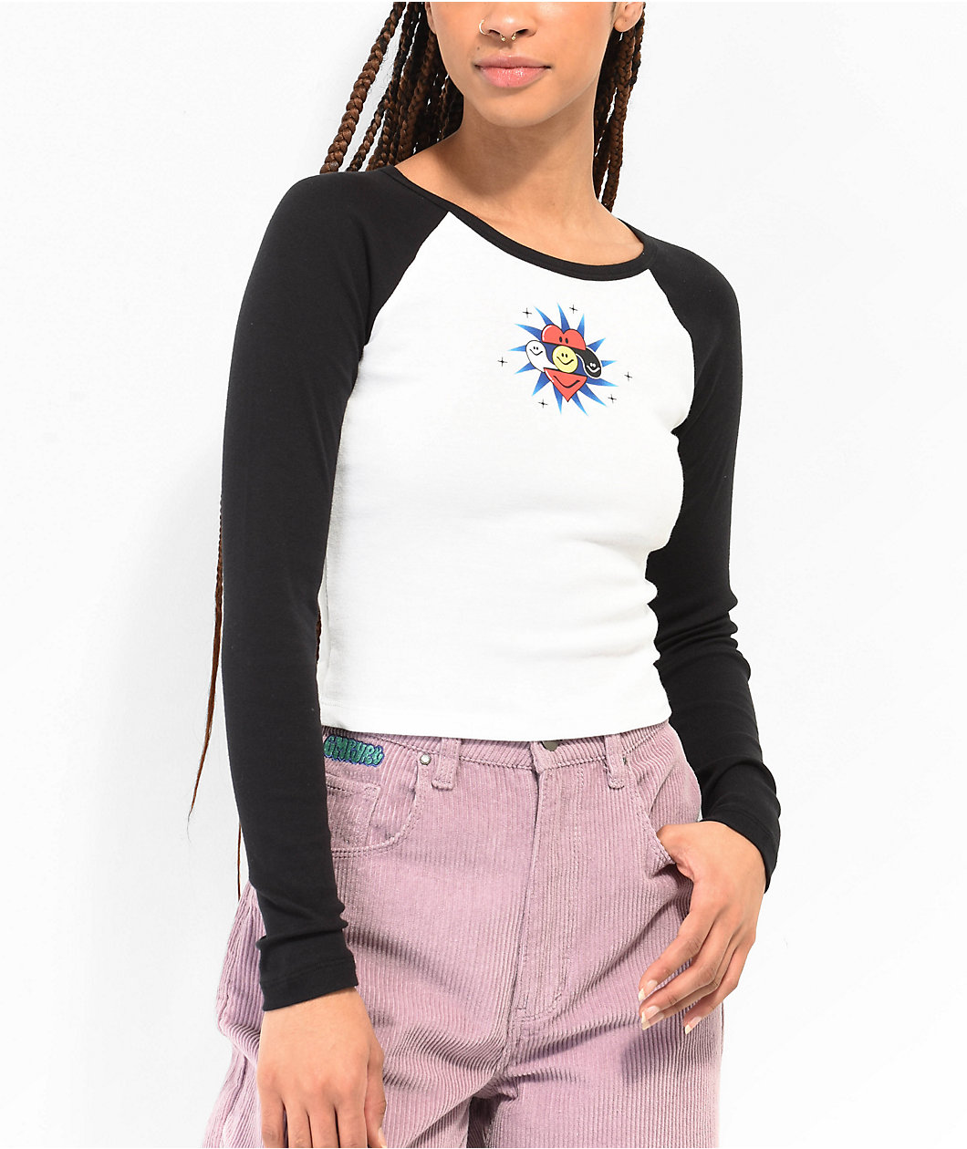 A.LAB Sammie Heart Black & White Long Sleeve Raglan Crop T-Shirt