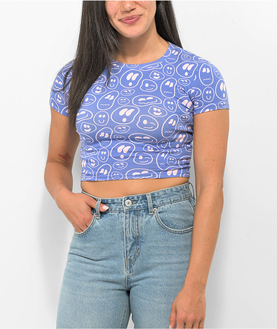 A.LAB Serina Purple Smile Print Crop T-Shirt