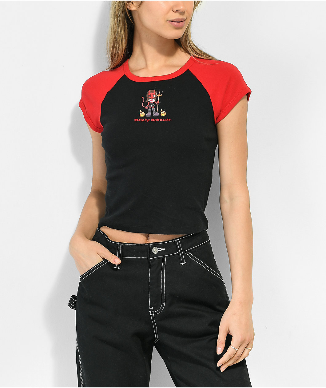 A.LAB Tammie Devil's Advocate Black & Red Raglan Crop T-Shirt