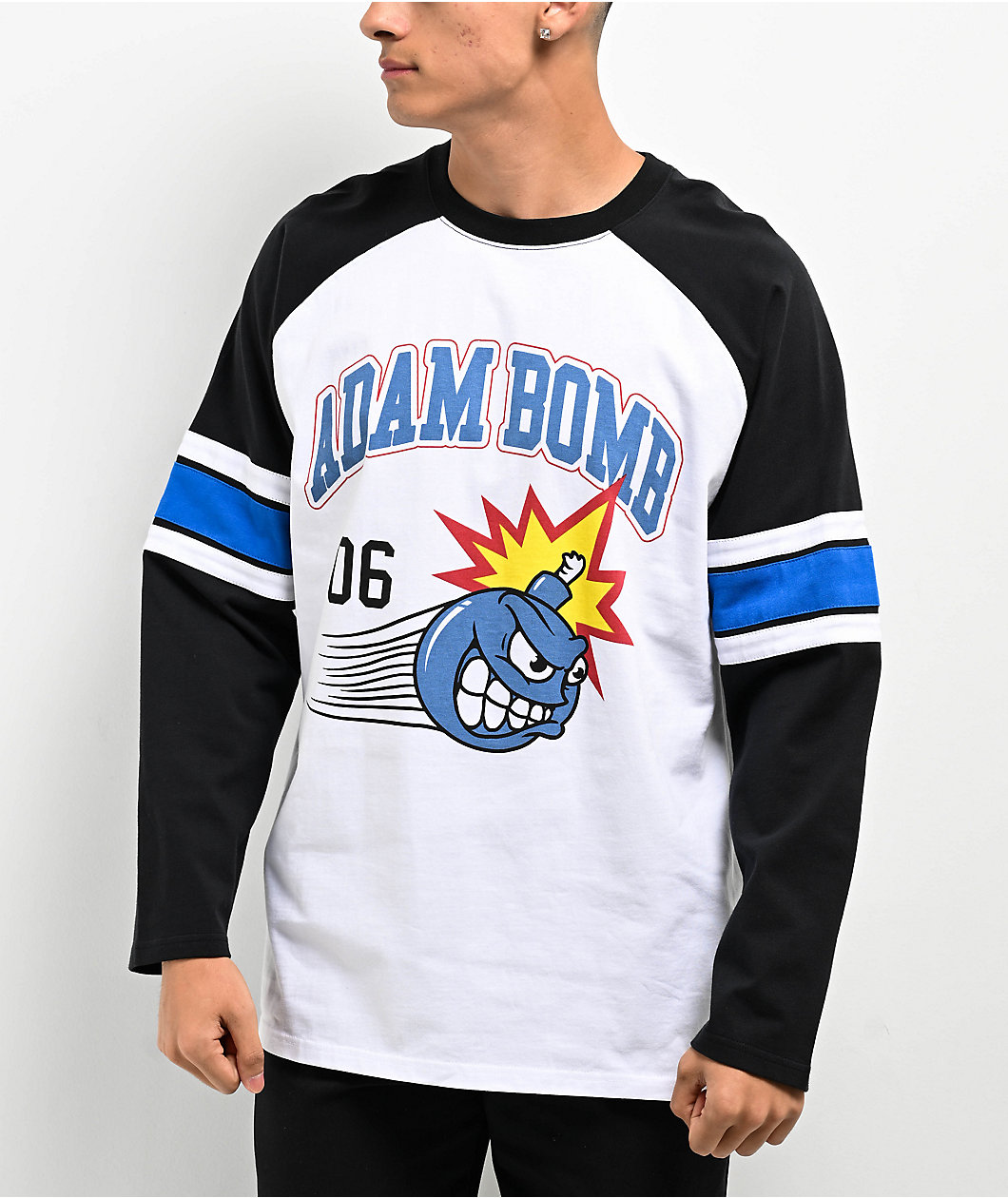 Adam Bomb Speed Bomb White & Black Long Sleeve Raglan T-Shirt