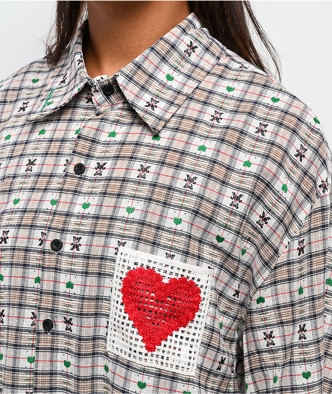 Aelfric Eden Crochet Heart Pocket Green Plaid Short Sleeve Button Up Shirt