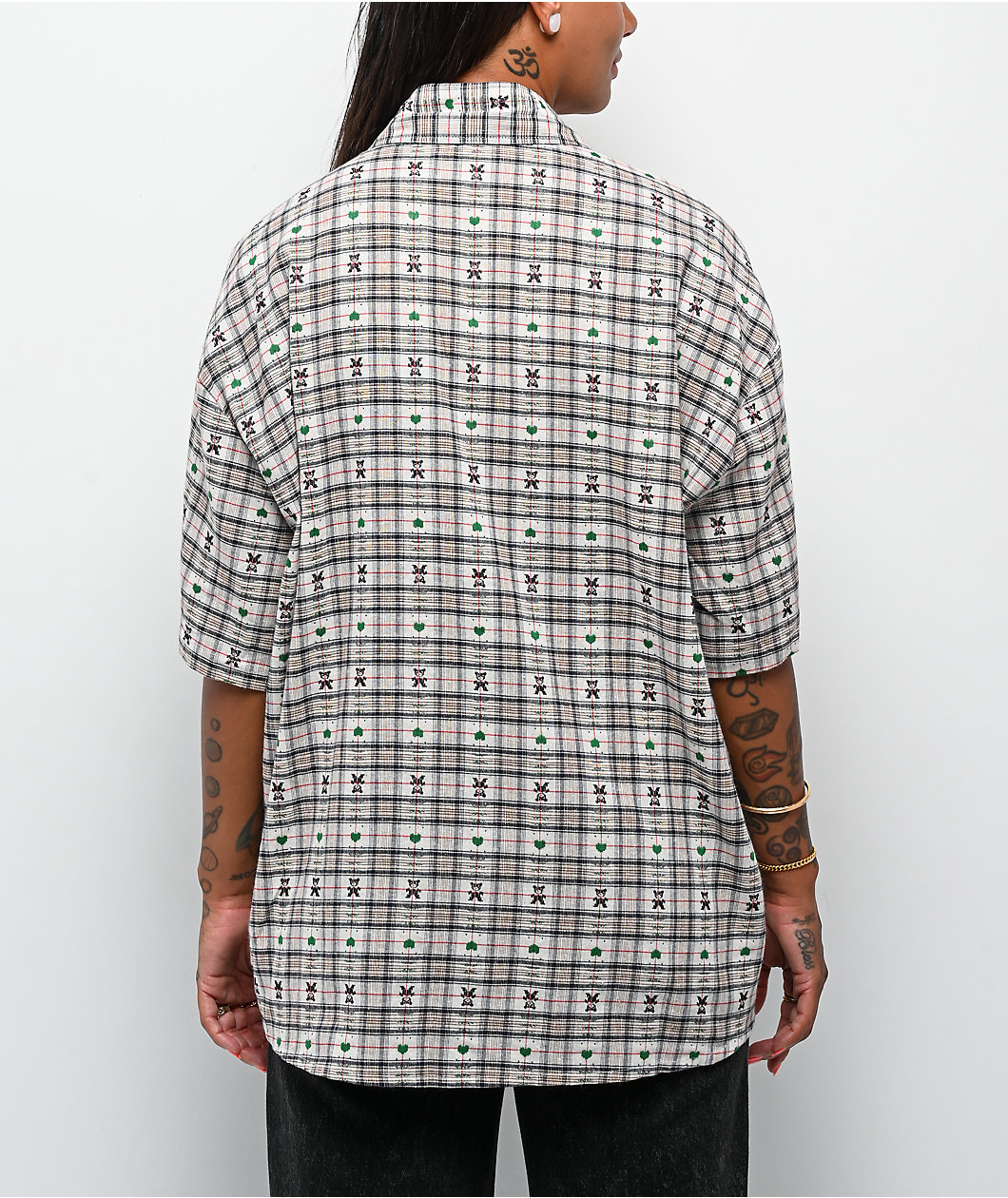 Aelfric Eden Crochet Heart Pocket Green Plaid Short Sleeve Button Up Shirt