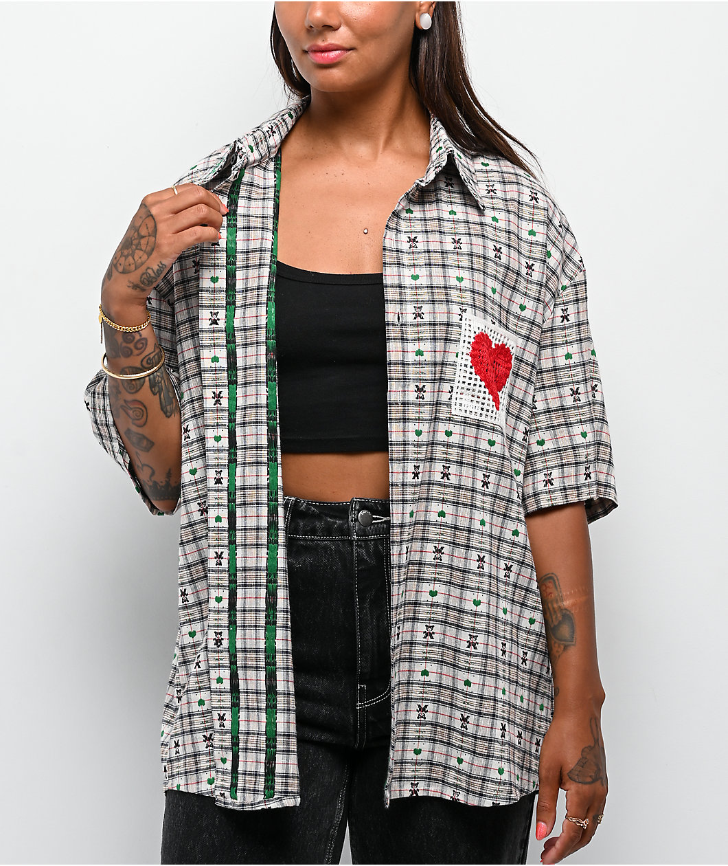 Aelfric Eden Crochet Heart Pocket Green Plaid Short Sleeve Button Up Shirt