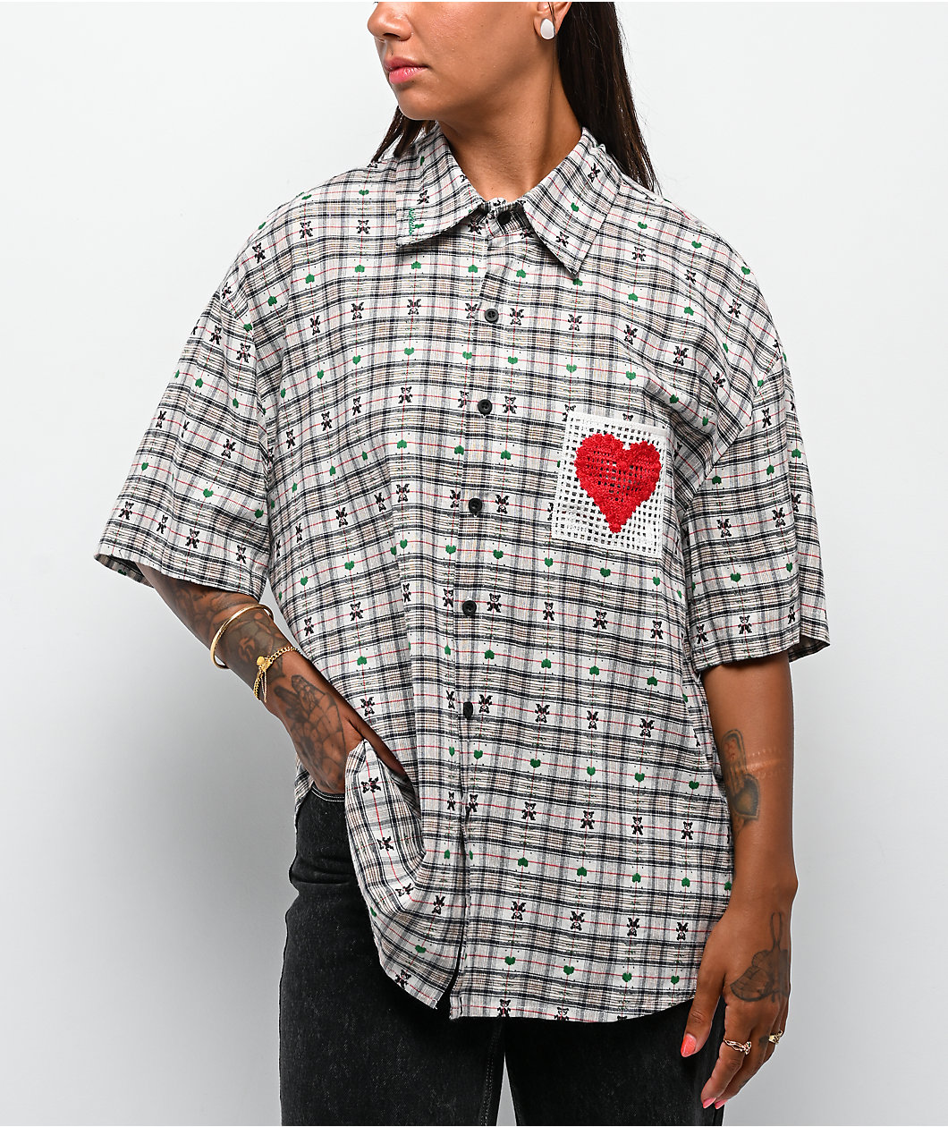 Aelfric Eden Crochet Heart Pocket Green Plaid Short Sleeve Button Up Shirt
