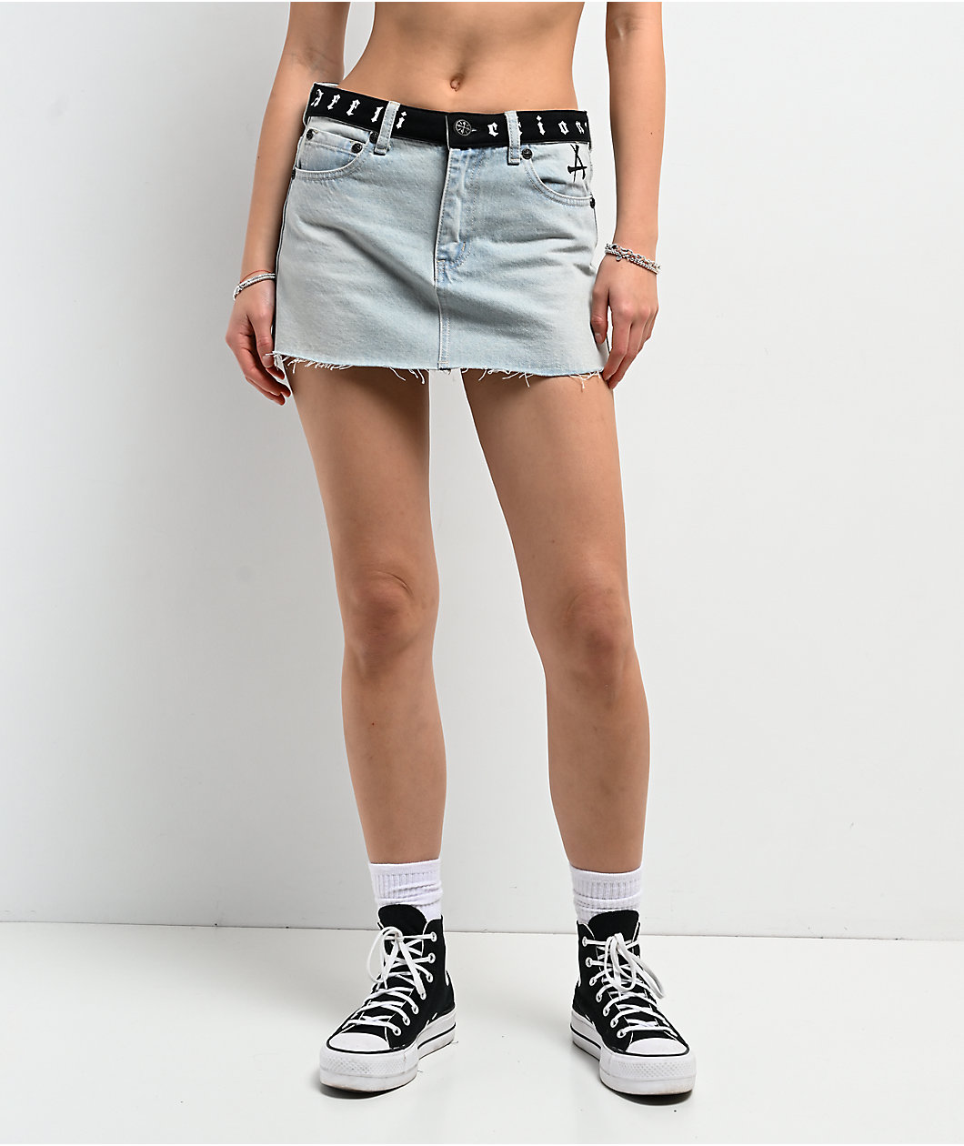 Affliction Angel Wings Blue Denim Cutoff Mini Skirt