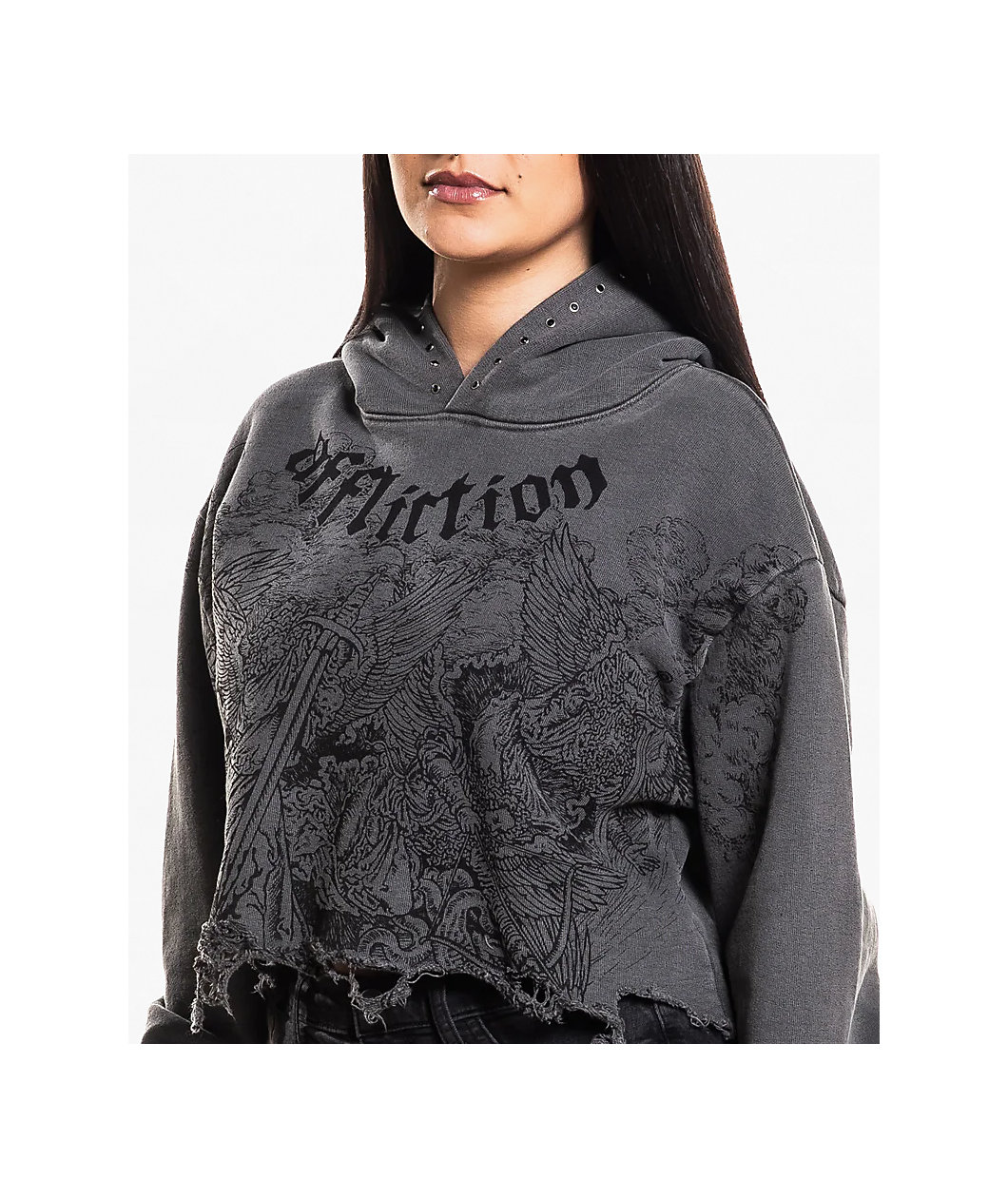 Affliction Angels Distressed Grey Wash Boxy Crop Hoodie