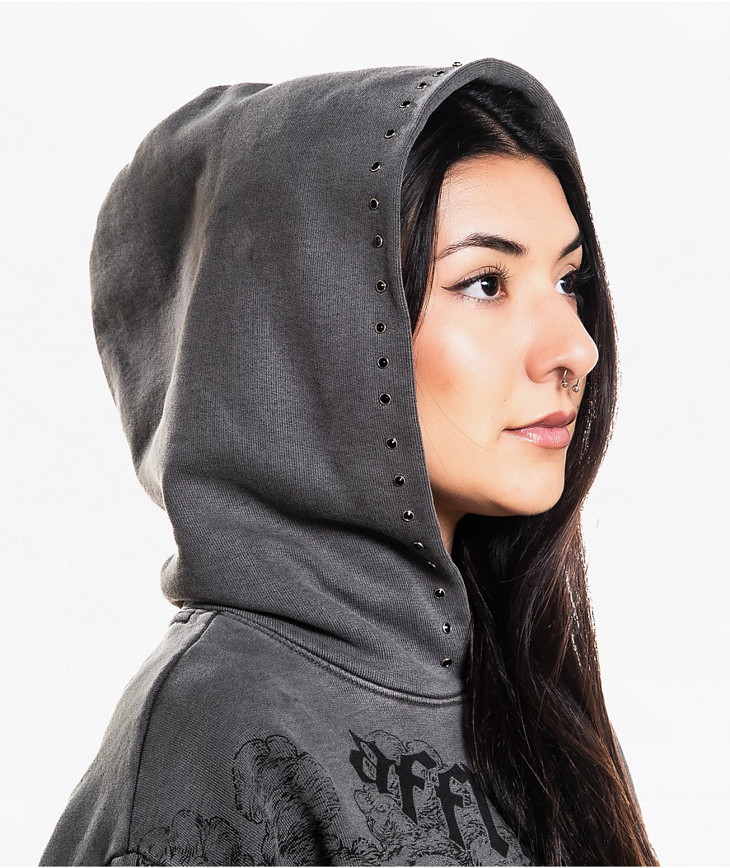 Affliction Angels Distressed Grey Wash Boxy Crop Hoodie